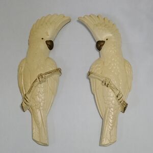 Gold and Cream Crested Bird Art Wall Decor Chalkware Cockatiels, Cockatoo